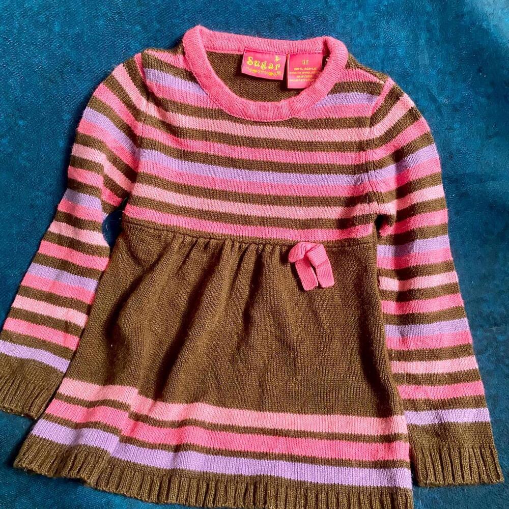 Sugar Girls Knit Sweater Dress Stripes Pink Brown Children Size 5 90s Y2K 3T